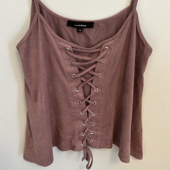 Olivaceous Faux Suede Lace Up Tank Top - Picture 2 of 4